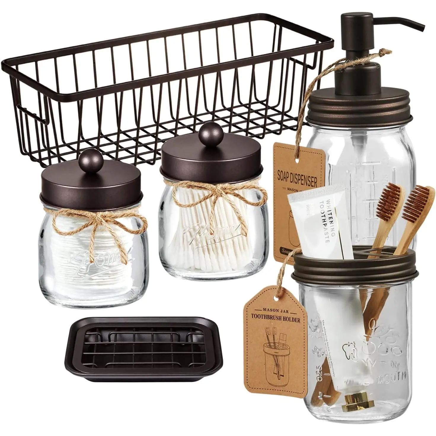 Mason Jar Bathroom Accessories Set,6Pcs Rustic Bathroom Set,Brown | Glass Bathroom Accessory Set, Soap Dispenser,  Holder, 2 Qtip Holders,Soap Dish,Wire Basket,  Decor