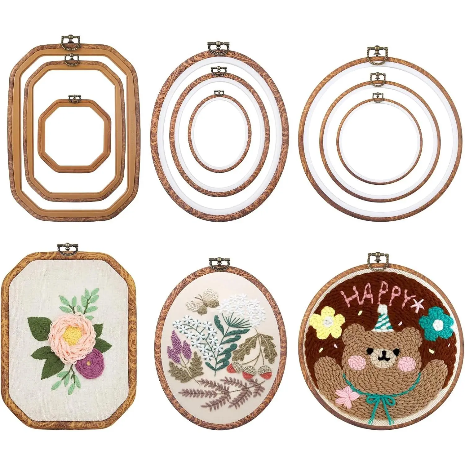 9 Pcs Embroidery Hoop Frame Set, Imitated Wood Display Frame for Art Craft Sewing, Circle Oval Octagonal Shapes Embroidery Hoops for Decorative Ornaments