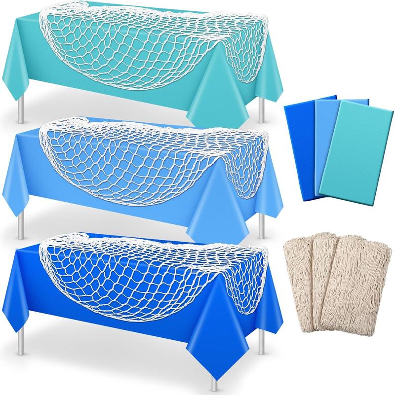 6 Pcs Fish Net Decorative and Tablecloth Set, Cotton Fishnet and Plastic Table Cover Decorations Set for Nautical Themed Party Baby Shower Pirate Decorations Mermaid Party(Vivid Color) Ornaments
