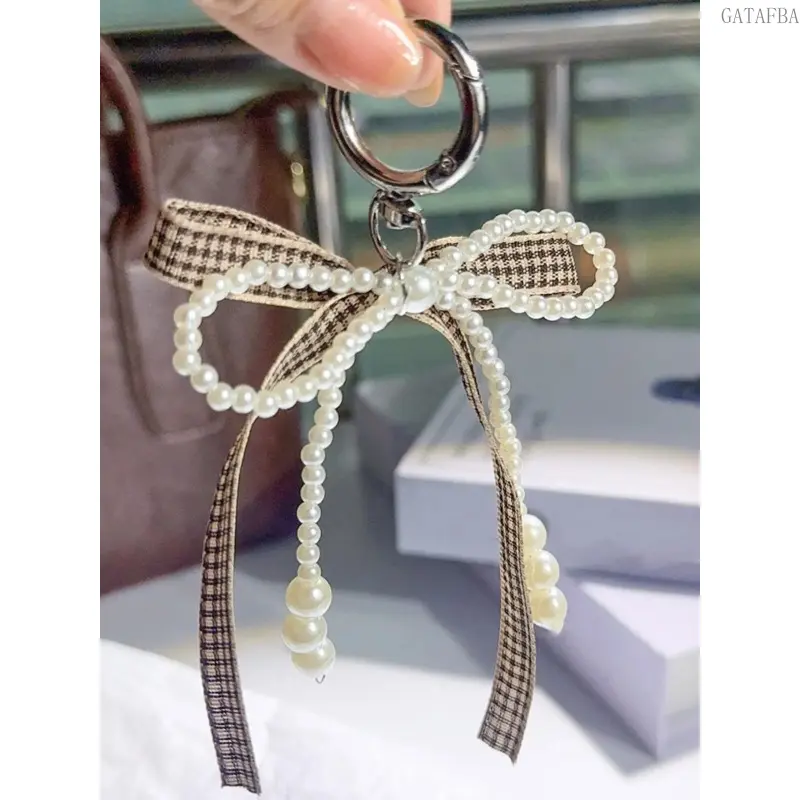 Classic Minimal Bow Pendant Keychain, Unique Plaid Pattern Cute Bag Charm, Versatile Key Accessory