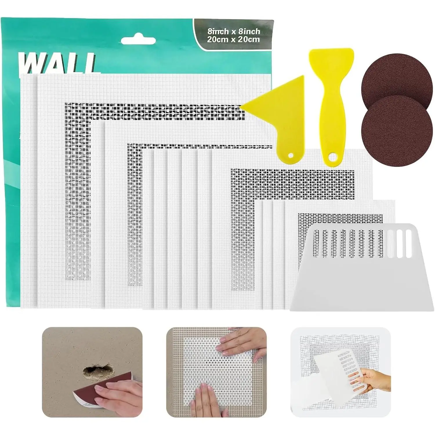 19 count Wall Repair Patch Kit,  Drywall Repair Patch Kit for Small/Large Holes, 2/4/6/8 Inch Self-Adhesive Metal Wall Patches with Scraper Sandpapers Gloves, Quick Fix Plaster