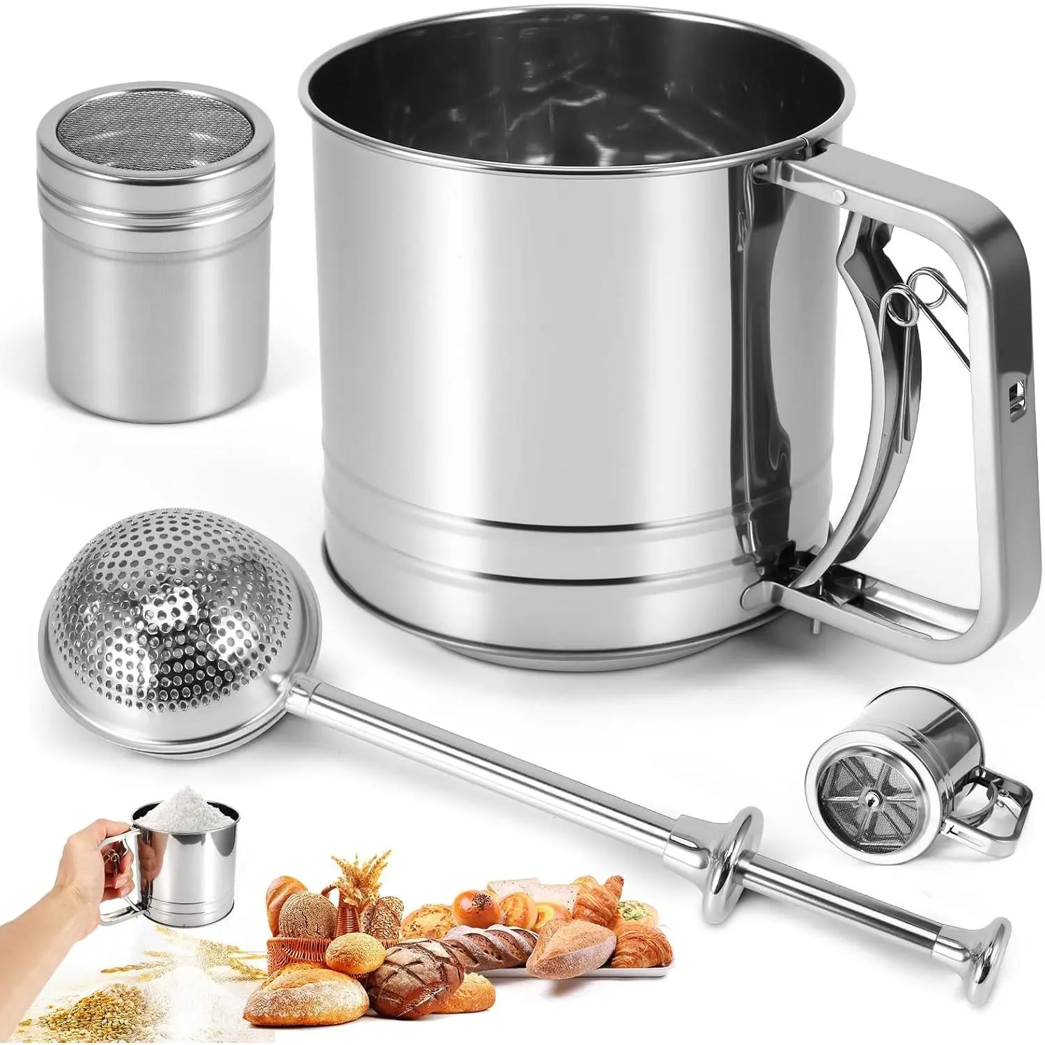 Flour Sifter, 3 in 1 Stainless Steel Sifter for Baking, 3 Cup | Powdered sugar shaker duster for cakes, pastries, pies, cupcakes and desserts