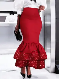 Women's Plus Size High Waist Bodycon Mini Dress, Elastic Waist Mermaid Dress with Ruffles and Sequins, Evening Cocktail Party Gown