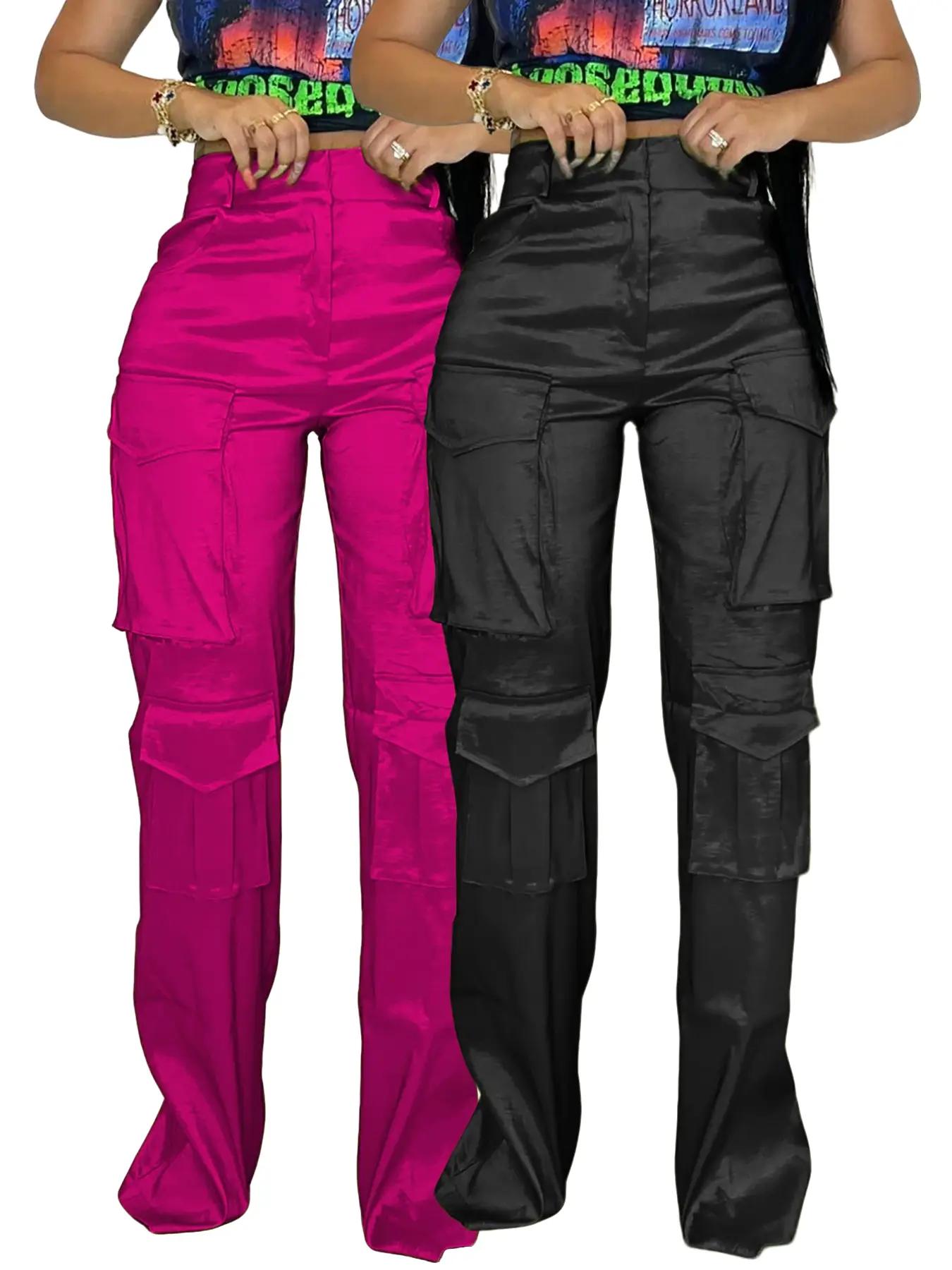 Women's Solid Color Pocket Zipper Cargo Pants, Fashion Casual High Waist Straight Leg Trousers for Daily Outdoor Wear, Women's Bottoms for Spring & Fall