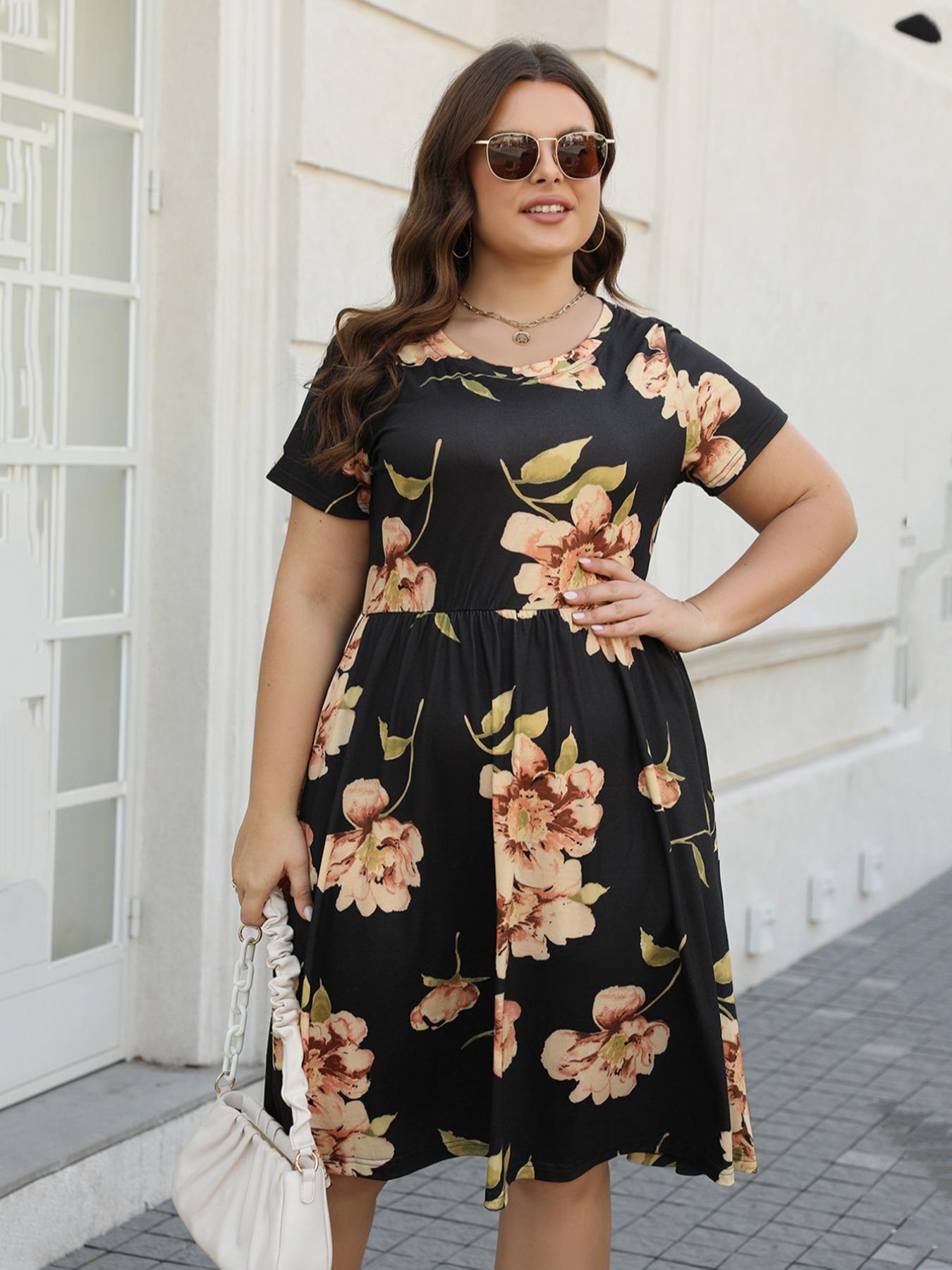 Women's Plus Size Casual Elastic Long Dress with Pockets, Elegant Summer Fitted Style, Comfortable Fabric for Daily Wear
