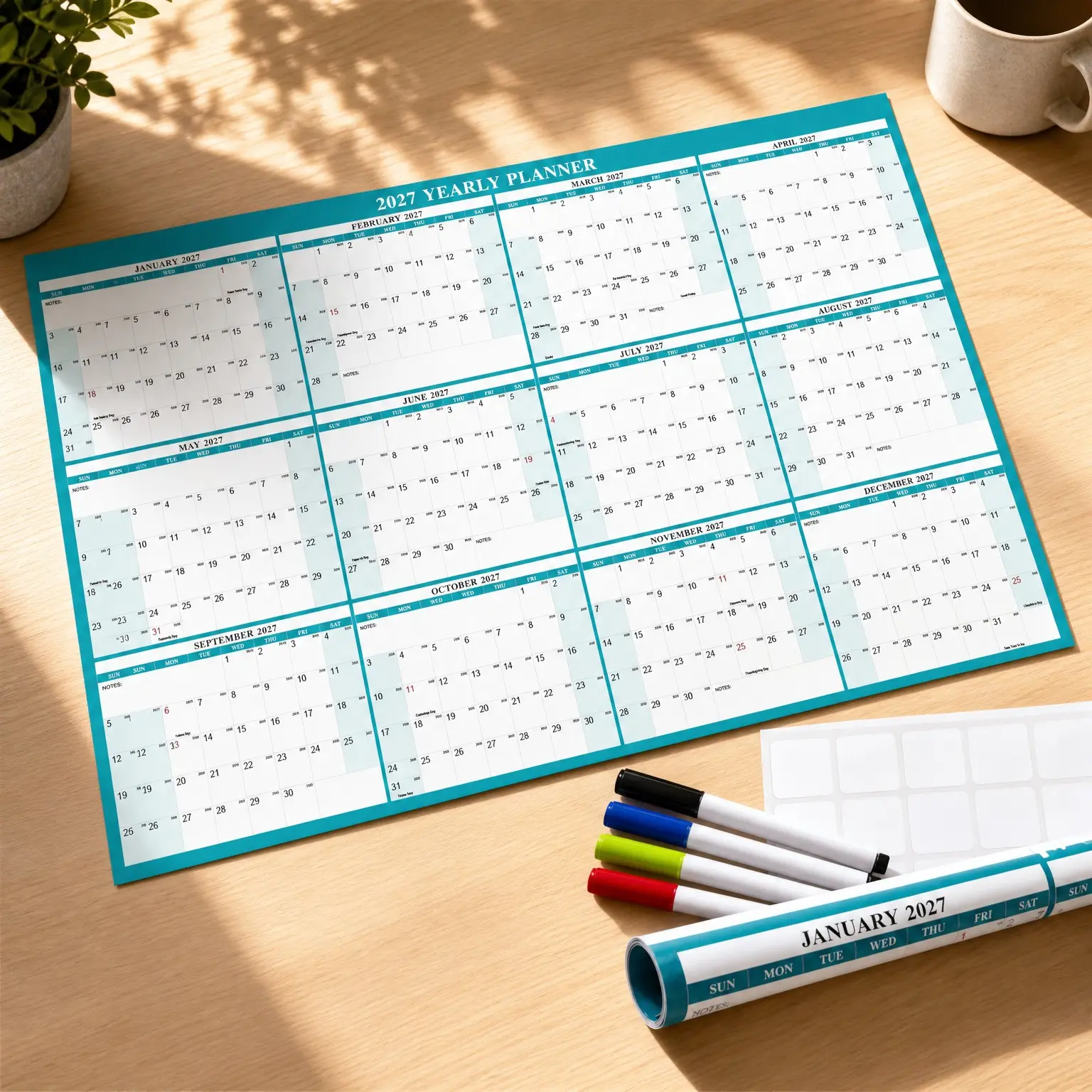 32" x 48" 2027 Wall Calendar, 12 Month Wet & Dry Erase Laminated, January to December Yearly Wall Calendar, Horizontal/Vertical Annual Planner for Easy Planning and Organizing
