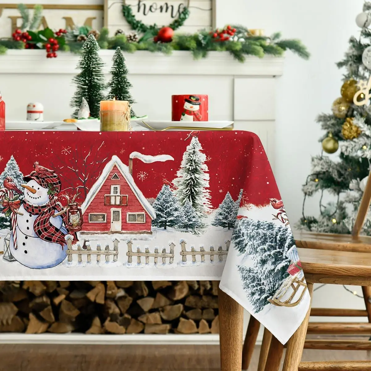 Christmas Tablecloth 52×70 In, Red Washable Fast-Dry Festive Table Cover with Snowman, House, Christmas Trees for Party Dinner Decor, Backdrop, Photo Use, Thoughtful Gift for Home Festive Supplies
