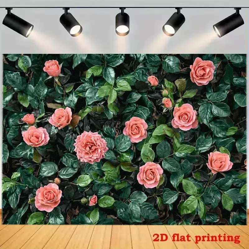 2D Flat 1PC Green Leaf & Pink Rose Flower Wall Backdrop, Fresh Floral and Greenery Photography Background, Suitable for Wedding Photoshoots, Birthday Parties, Indoor and Outdoor Home Decor, Made of Polyester