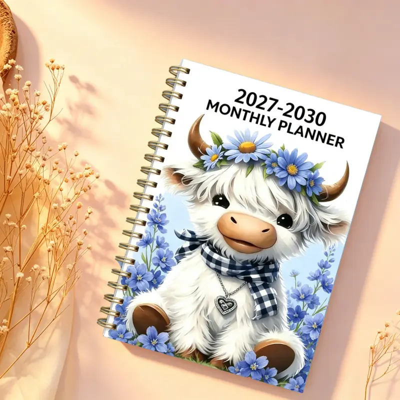 2027-2030 Monthly Planner/Calendar - January 2027 to December 2030, 4-Year Monthly Planner, Purple Lavender Highland Cow Theme Cover Design Notebook, Yearly Calendar Planning, Monthly Tabs, 48-Month Calendar, 5.5 x 8.3 Inches Thick Paper, Elastic Cover, D