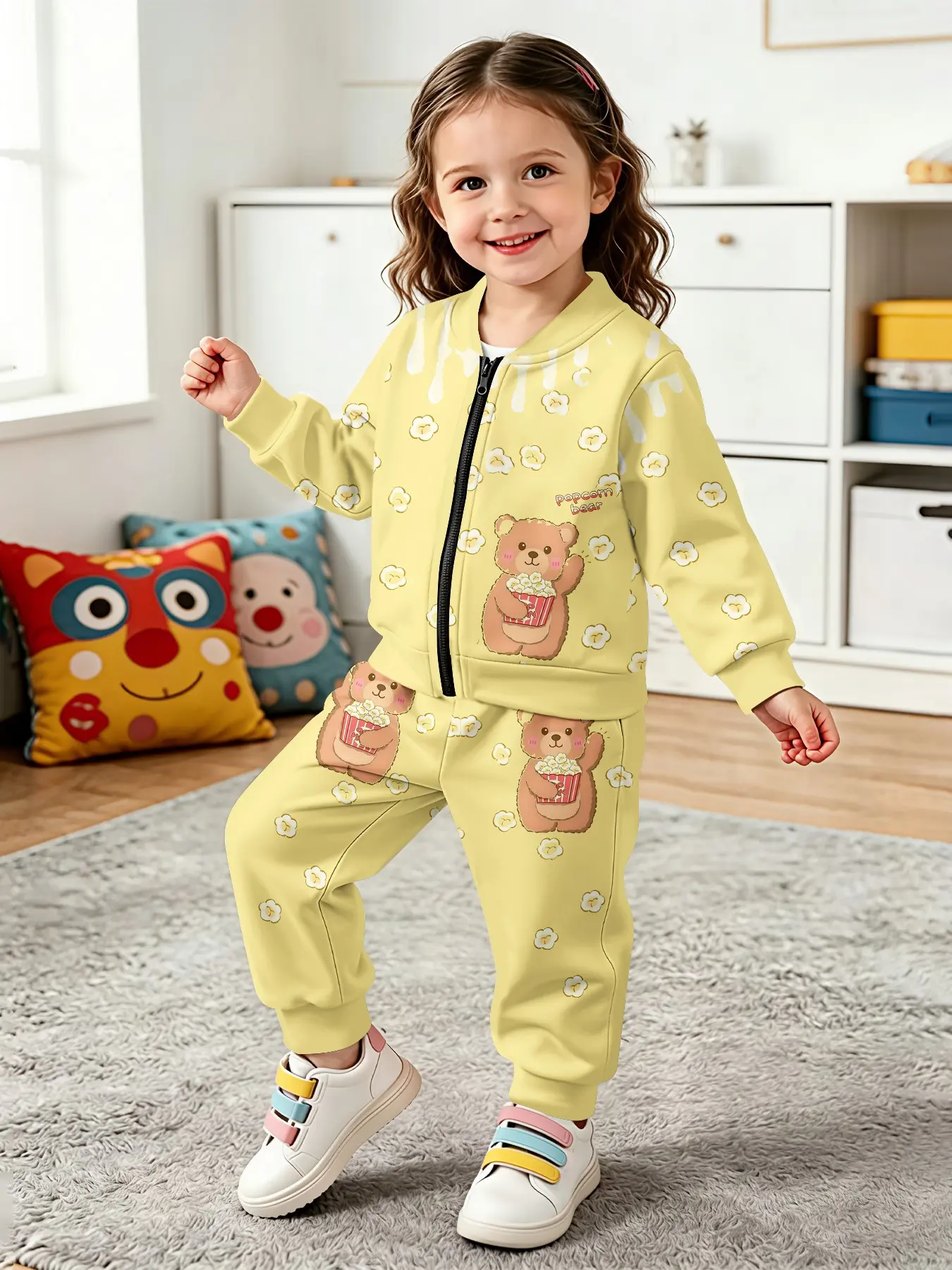 2-Piece Set, Zipper Jacket and Pants, Bear Print, Casual Fitted for Girls, Spring & Fall, Perfect Gift for Kids