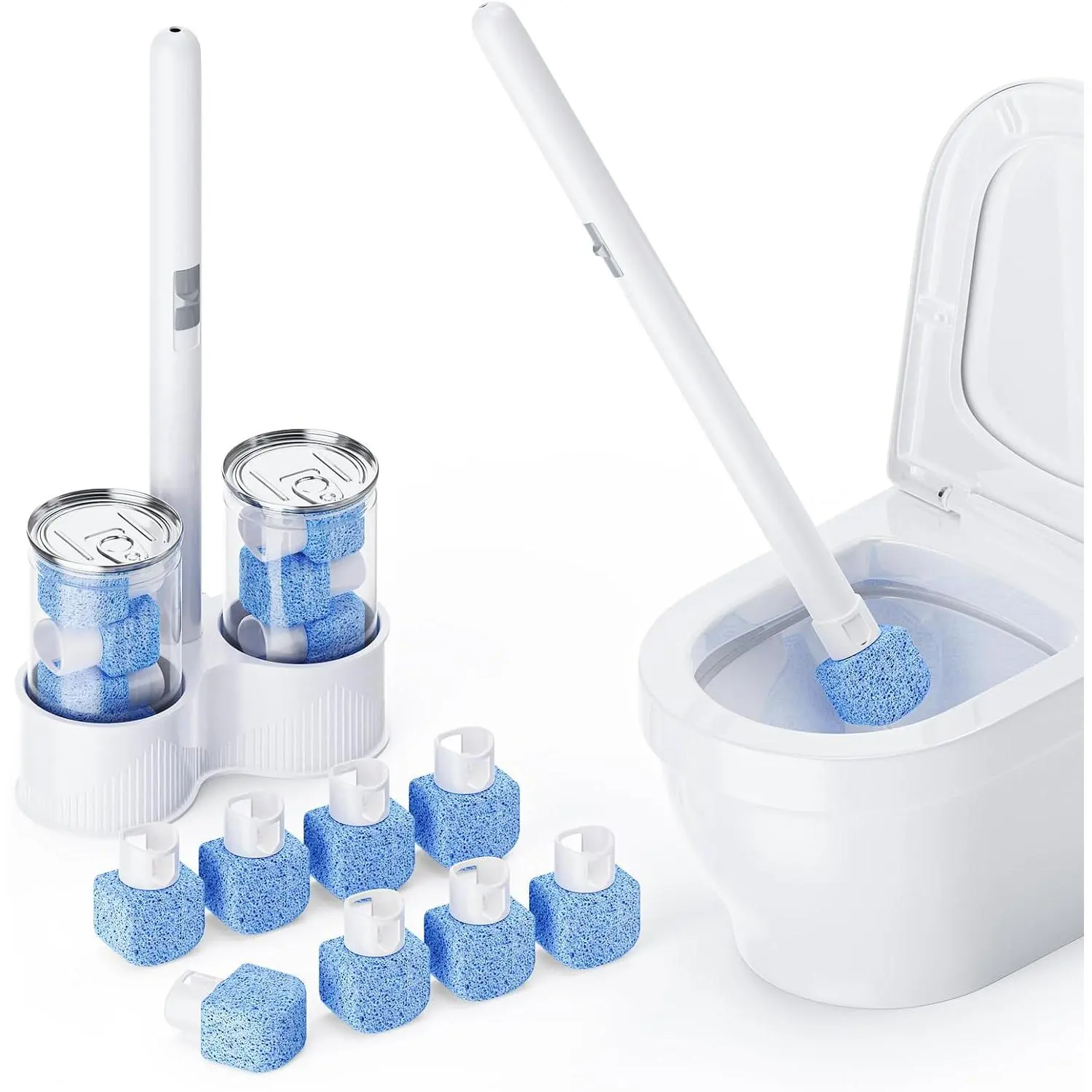 8 Pack Pumice Stone Bowl Set with 18 in Long Handle,White Holder Case,Pumice Stone for, for Toilets, Bathtubs, Grills, Swimming Pools, Sinks