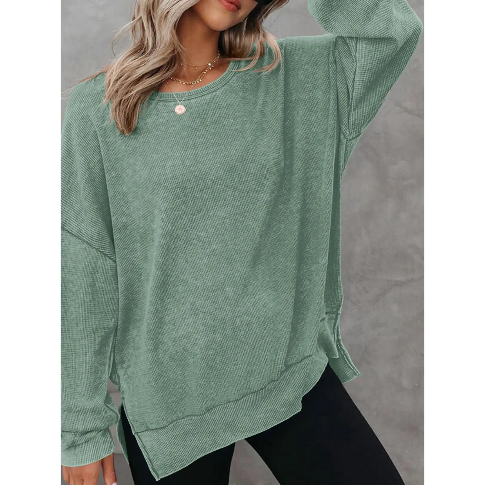 YF Women's Waffle Knit Crew Neck Pullover Sweatshirt, Drop Shoulder Long Sleeve Side Slit Loose Tunic Top, Casual Comfy Fall Winter Daily Loungewear Streetwear, Sage Green Dark Gray Multi Sizes