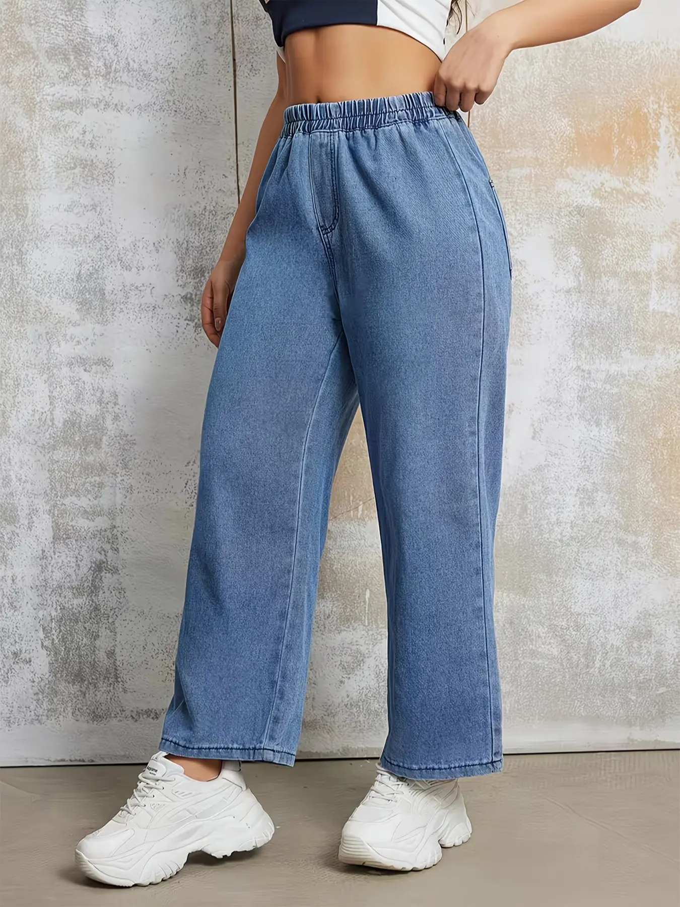 Women's All-Season Casual Elastic Waist Loose Fit Wide-Leg Denim Jeans Pants, Perfect for Dates, Concerts, Parties, Clubs, Holidays