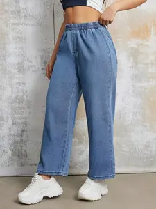 Women's All-Season Casual Elastic Waist Loose Fit Wide-Leg Denim Jeans Pants, Perfect for Dates, Concerts, Parties, Clubs, Holidays