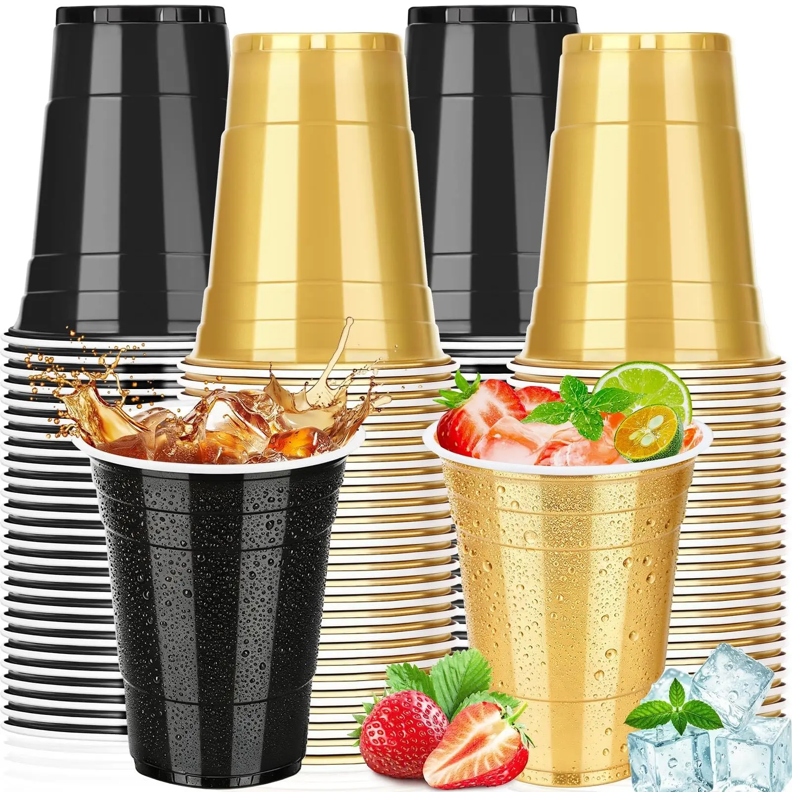 26/52pcs 16oz Black and Gold Cups, Heavy Duty Plastic Cups Set for Party Graduation Birthday, Disposable Cups for Christmas Halloween Wedding Picnic Serving and Celebrations