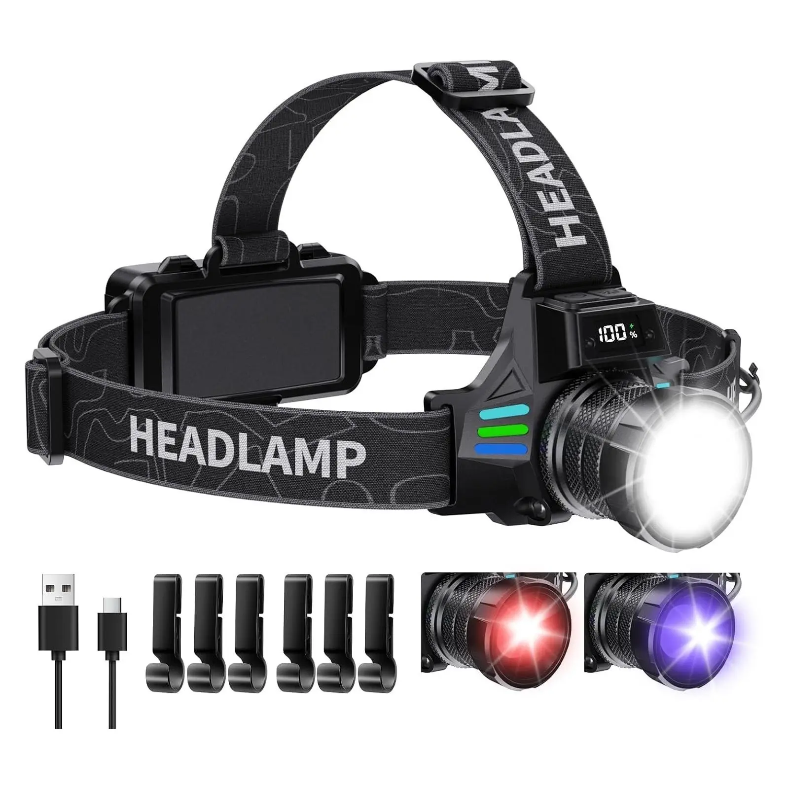 Rechargeable Headlamp with White/Red/UV/Black Light, 1080 High Lumens Super Bright LED, Battery Powered, 16 Modes Waterproof Head Lamp for Hardhat, Hunting, Pet Urine DetectionGift