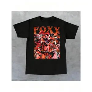 Retro streetwear printed T-shirt, unisex, adorned with a striking fox print - Black and red casual short-sleeved crew neck T-shirt, suitable for everyday casual wear, all year round, creating an eye-catching look.