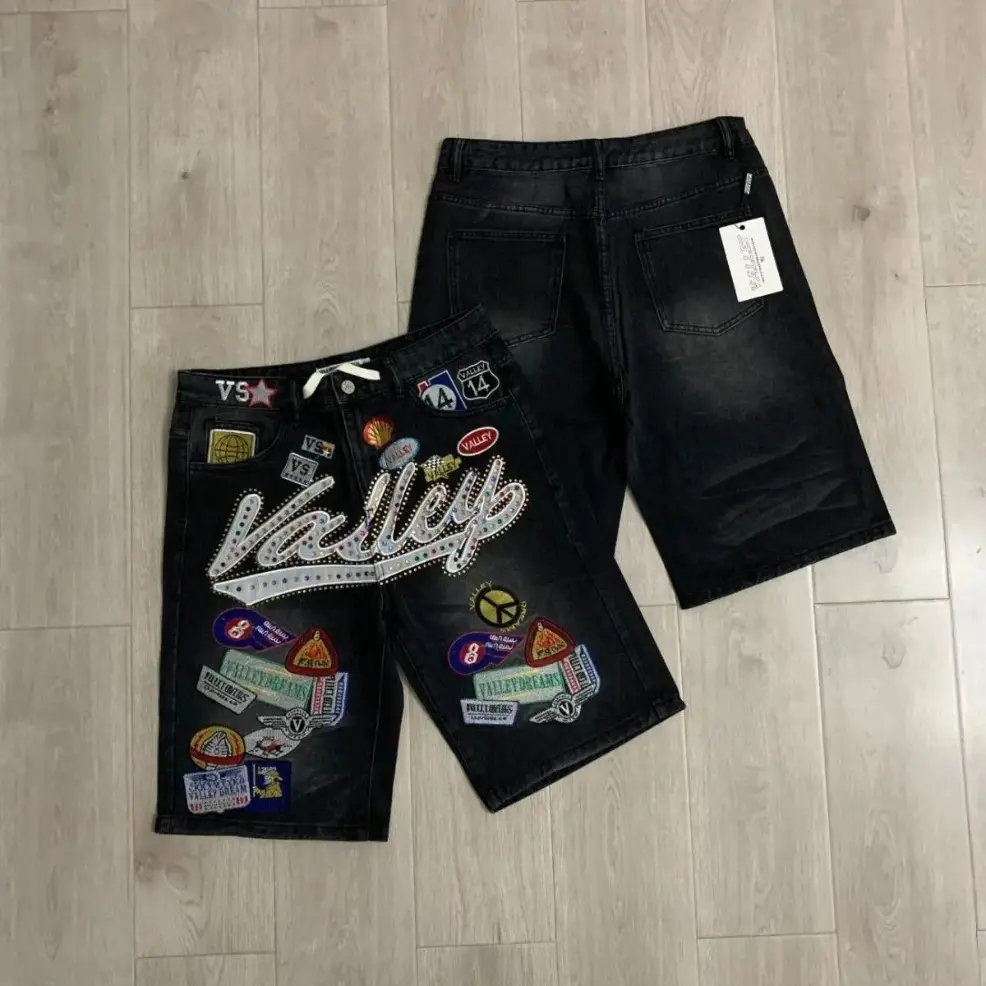VALE Unisex High-Waisted Straight-Fit Knee-Length Rhinestone Letter Embroidered Colorblock Cotton Sports Denim Shorts - Machine Wash, Casual Streetwear All-Seasons Bottoms