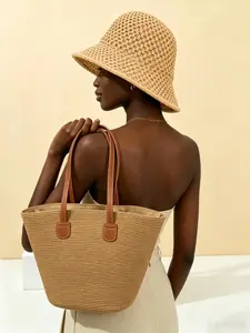 2pcs Beach Straw Bag Set, Outdoor Sun Hat, Geometric Pattern Woven Pouch and Multi-Functional Tote, Summer Travel Gift, Fashion Accessory for Women