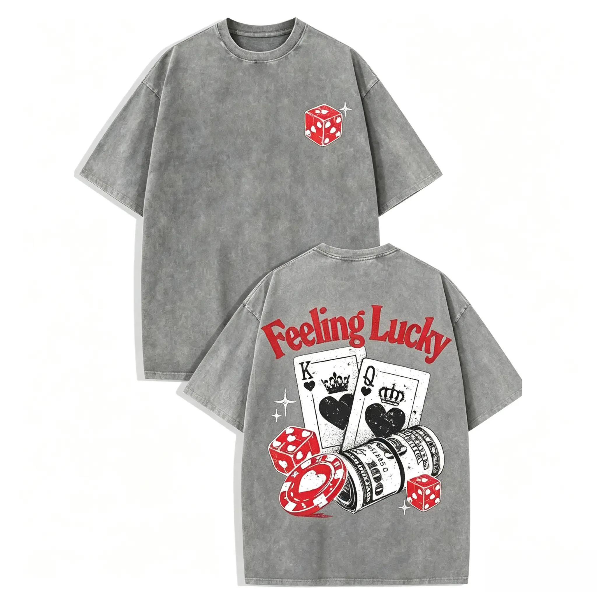 Retro "Lucky - Casino Elements" Graphic Tee: Featuring Distressed Vintage Finish, Front Mini Red Dice Print, Back Bold "Lucky" Letter Print In Red, Artistic Illustration Of King & Queen Poker Cards,  Casino Chips, And Rolled Dollar Bills