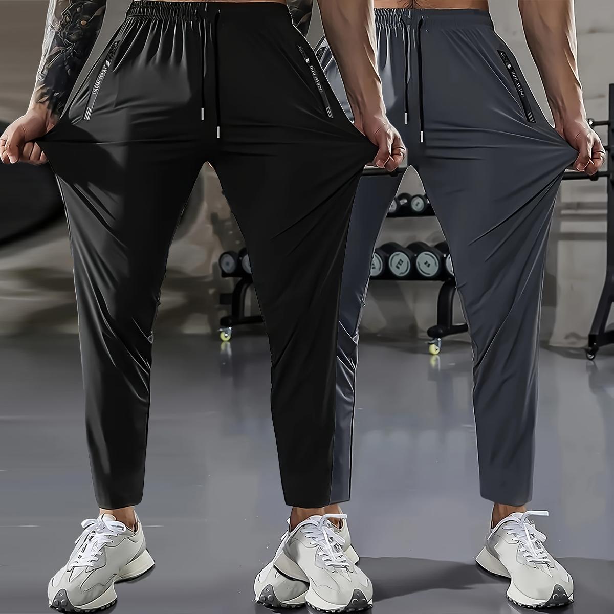 Men's summer quick-dry stretch ice silk long pants, lightweight and breathable sports ice silk long pants, with zipper printed pockets, elastic waistband with drawstring casual pants, suitable for gym workouts, fitness, and hiking