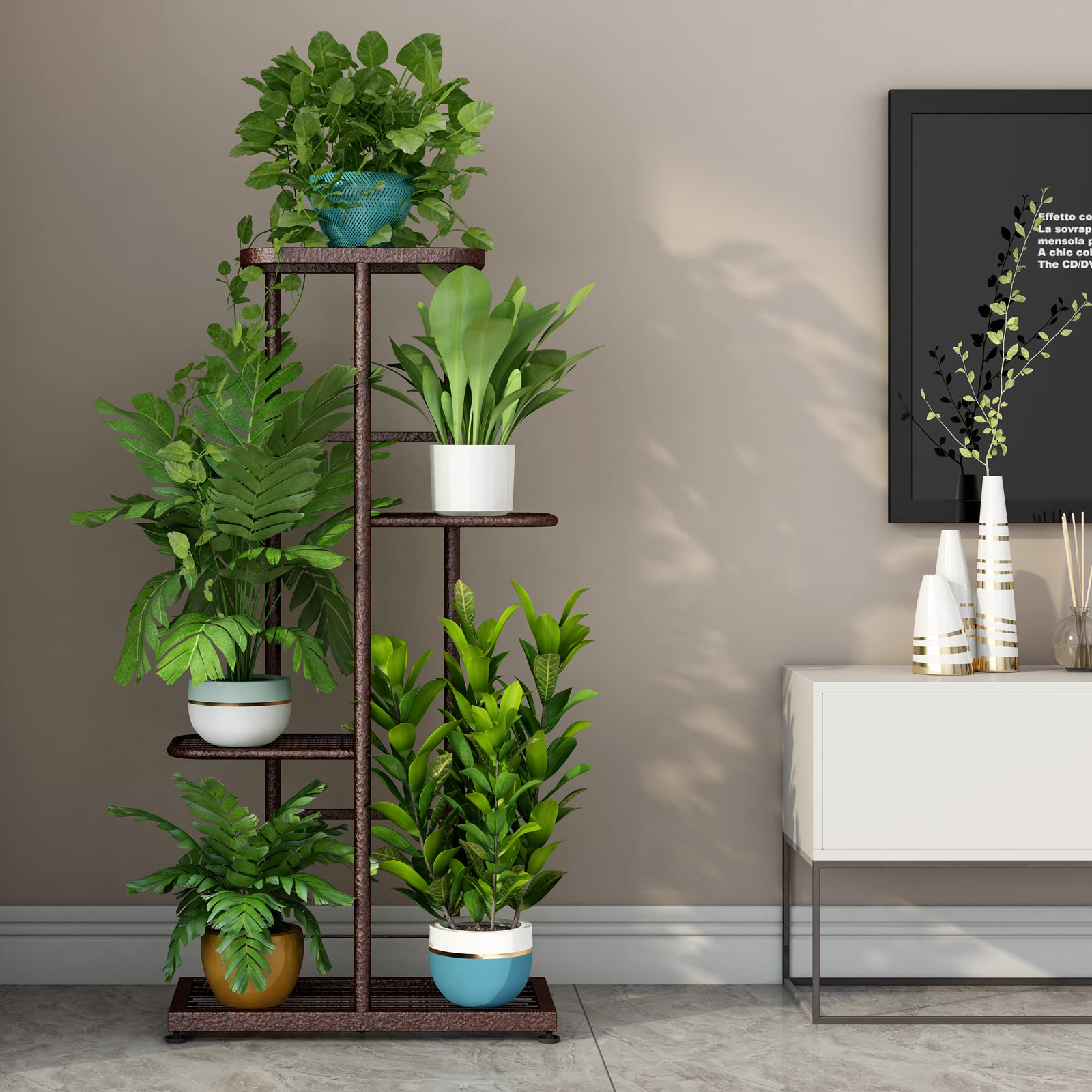 Plant Stand Metal 4 Tier 5 Potted Multiple Flower Pot Holder Shelf Indoor Outdoor Planter Display Shelving Organiser Rack Smooth Pad Home Modern