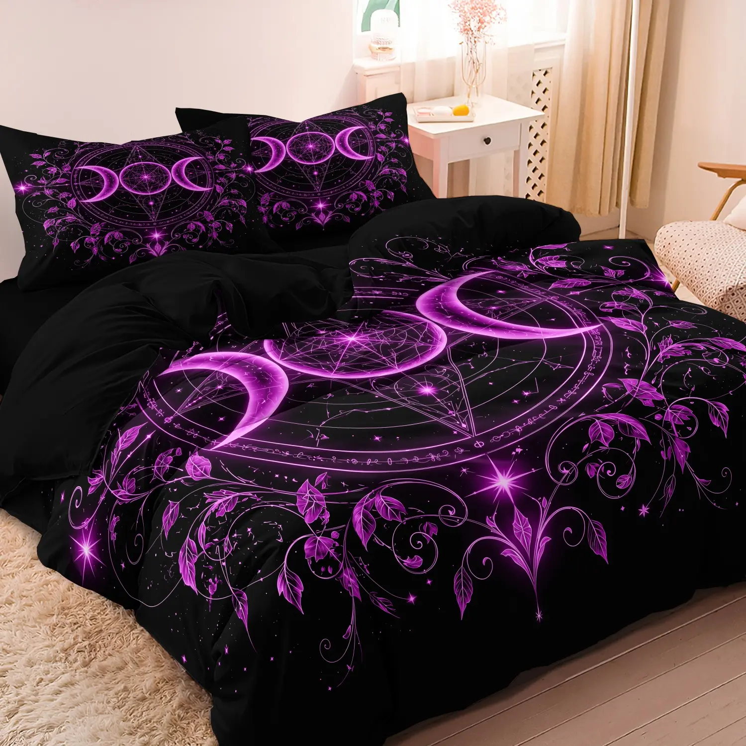 3 Pieces Purple Triple Moon Goddess Duvet Cover Set, Black Star Vine Floral Occult Symbol Print Decorative Bedding Set, Soft Microfiber Gothic Celestial Bedroom Decor (1 Duvet Cover + 2 Pillowcases, No Comforter No Pillow)