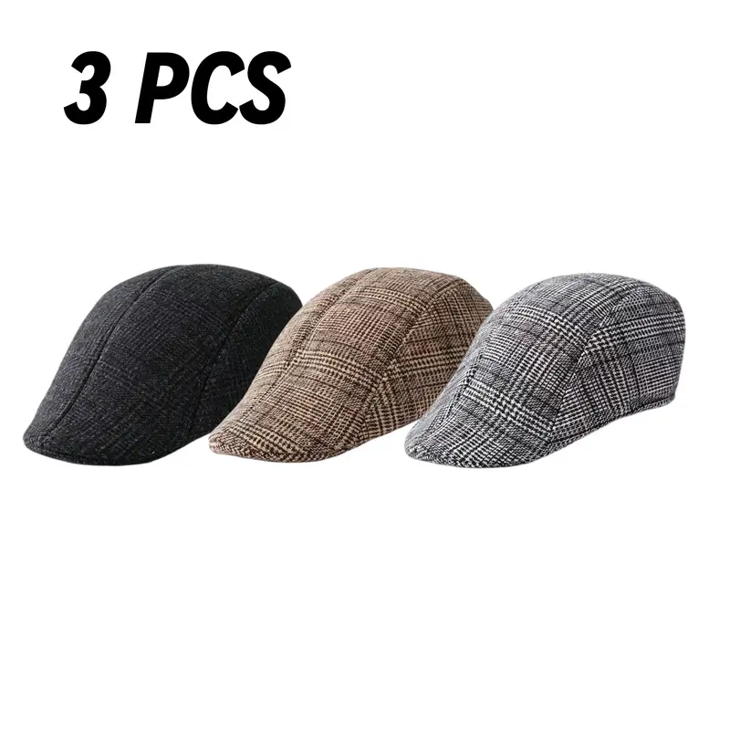 Men's 3-Pack Casual Leisure Polyester Flat Cap - Fall Winter Warm Vintage Plaid Newsboy Ivy Hat, UV-Proof Beret Driving Headwear for Elderly Daily Wear