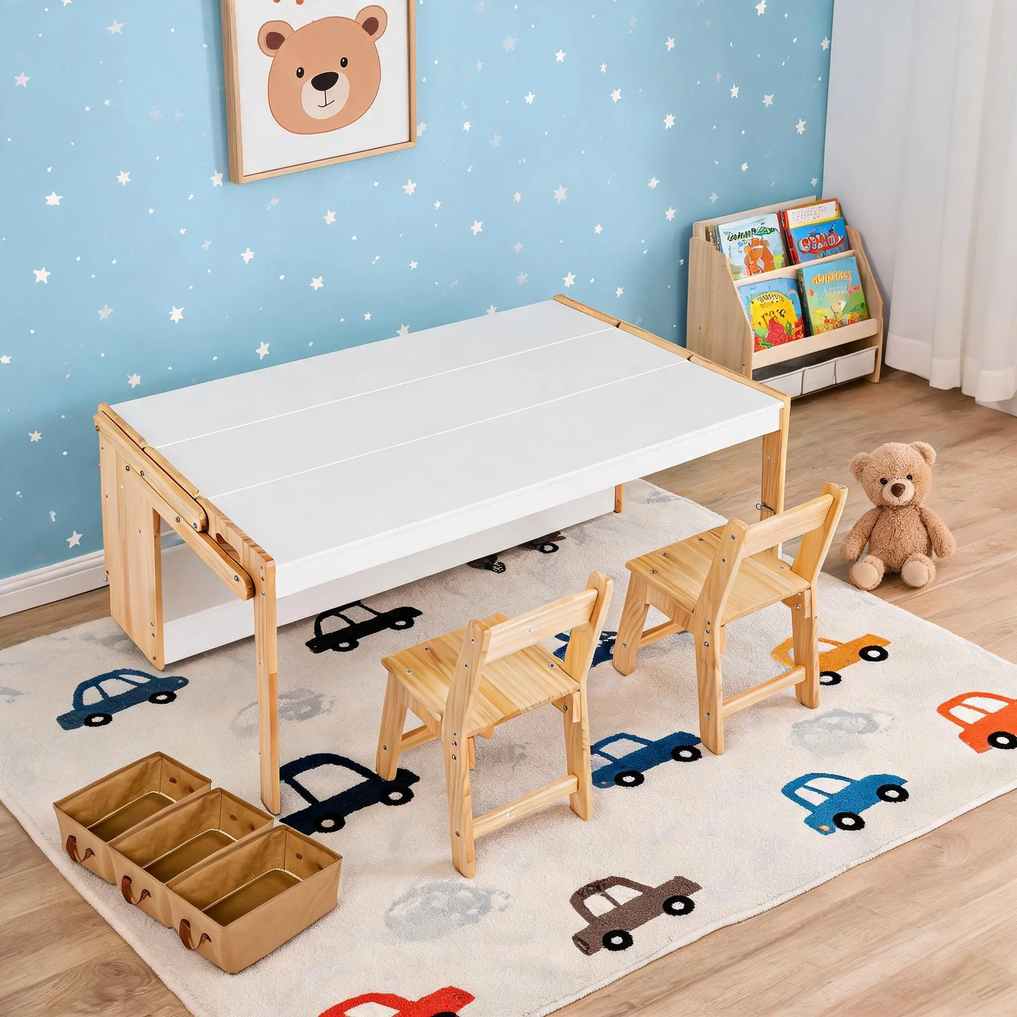 Convertible Kids Art Table and Chair– Adjustable Folding Desk with 2 Storage Boxes – Multi-Purpose Craft & Play Table