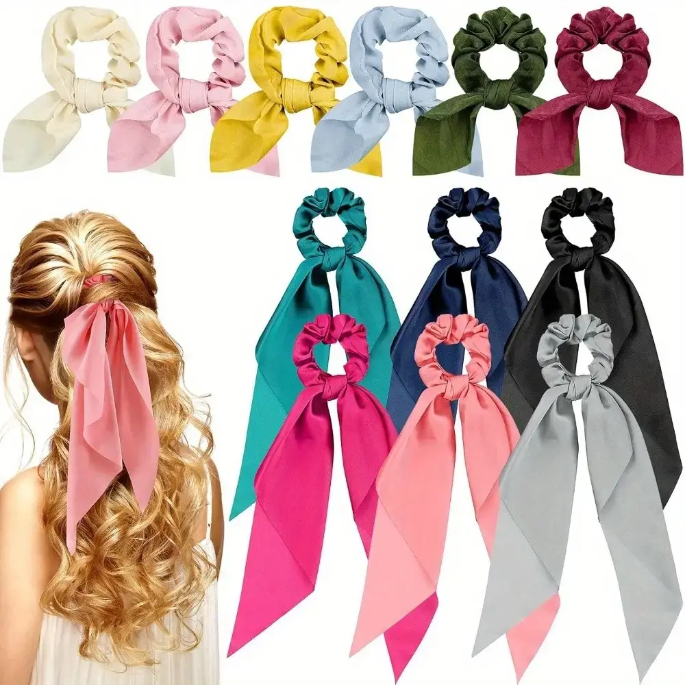 Women Hair Scrunchies with Bow Knot, Lovely Stylish Hair Ribbons, Spring Summer Bow Scrunchies, 12 Pieces Daily Hair Accessories Ponytail Styling