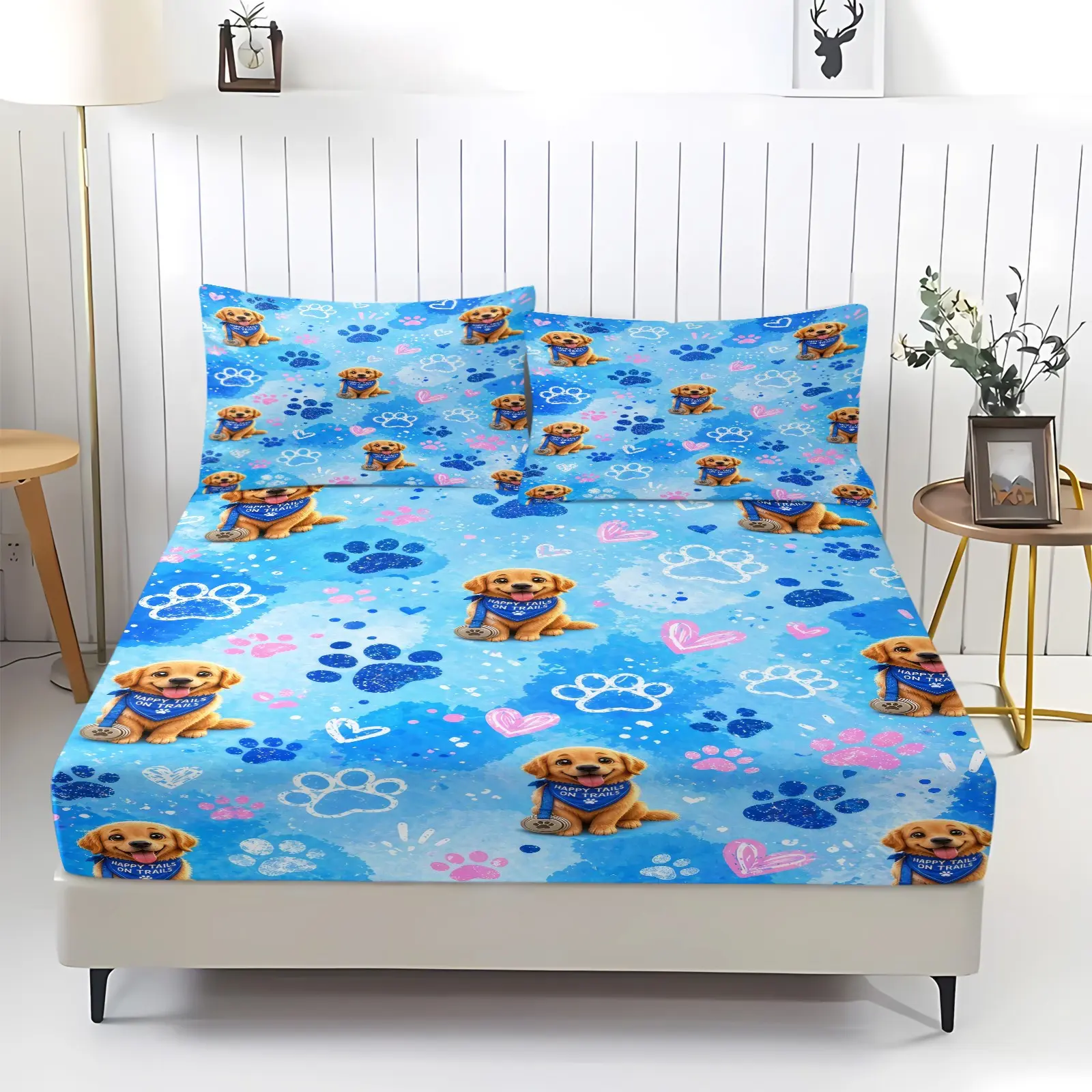 Light Blue Watercolor Golden Puppy Paw Print Heart Graphic Full Print 3 Piece Bedding Set, No Filling Included, Deep Pocket Elastic Mattress Cover, Ultra Soft Breathable Polyester, Bedroom Decor, Fitted Sheet Set Designed For Bedroom