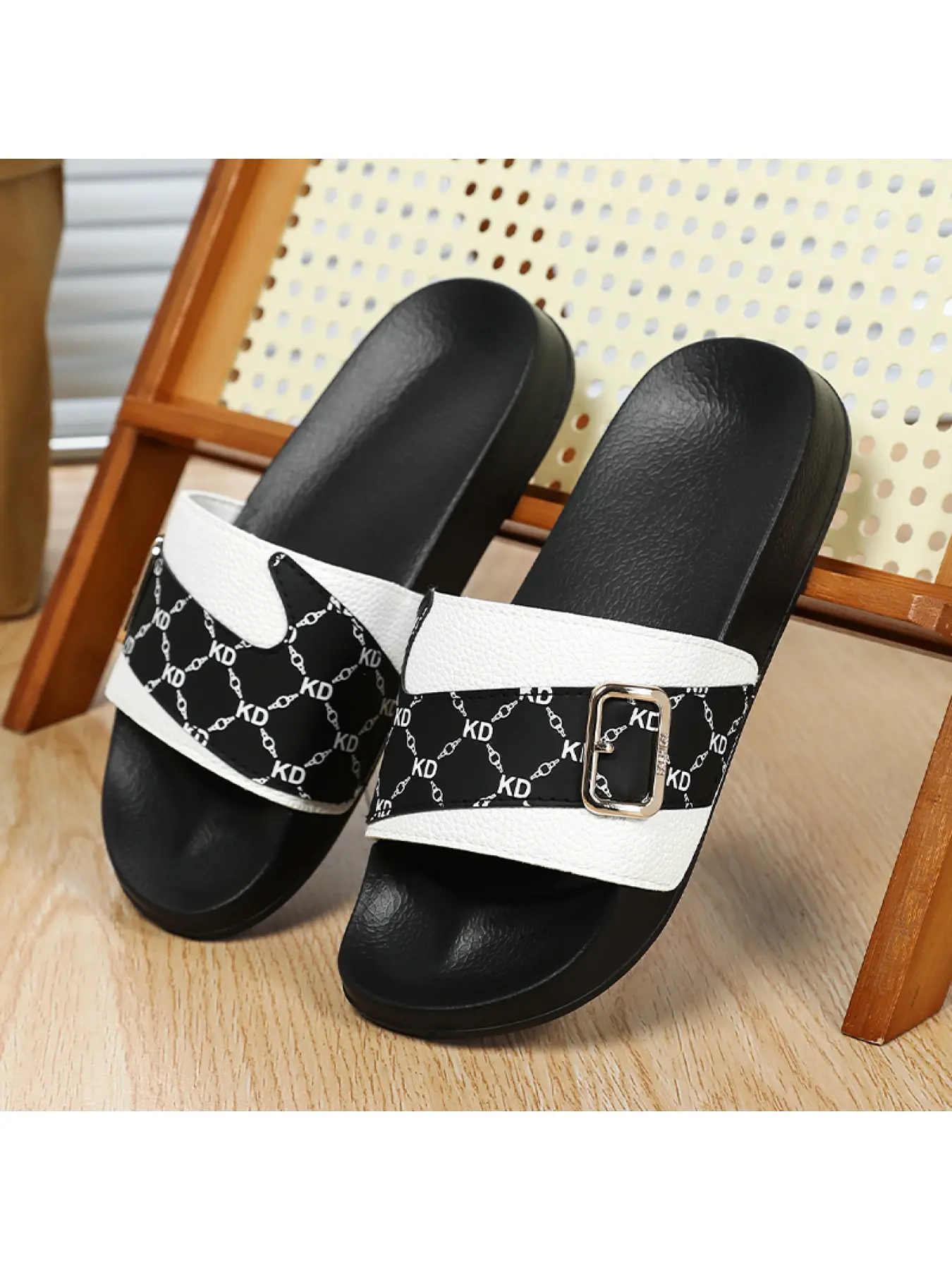 Women's Two-Tone Buckle Slide Sandals, Adjustable Strap Non Slip EVA Sole Casual Indoor Outdoor Slides