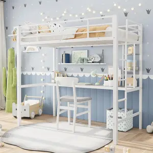 Heavy Duty Twin Size Metal Loft Bed with Large Desk & Storage Shelves, Safety Guardrail and Ladder for Kids & Adults, Steel Slats Support, Space Saving Design