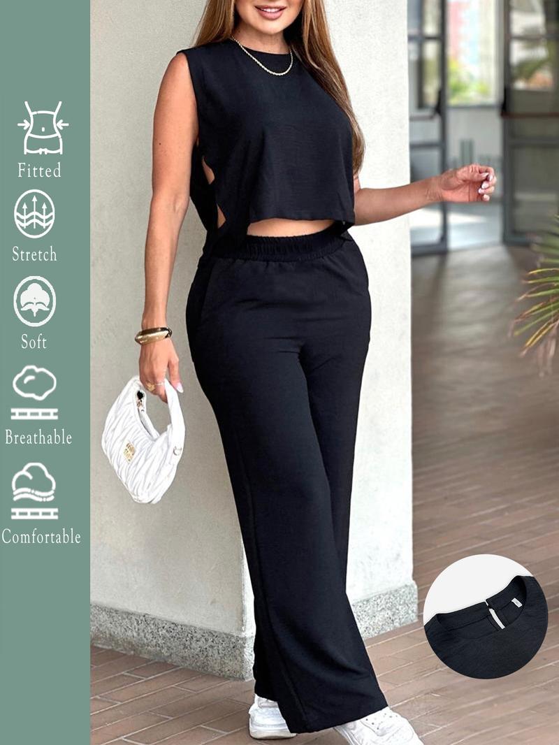 2025 Women's 2PCS Set - Sleeveless Side Cutout Top & Wide-Leg Pants | Loose Fit, Elastic Waist w/Pockets | OOTD for Spring/Summer/Autumn | Office, Commute & Daily | All Body Types | #Fashion2025 #WorkWardrobe #LoungeElegance