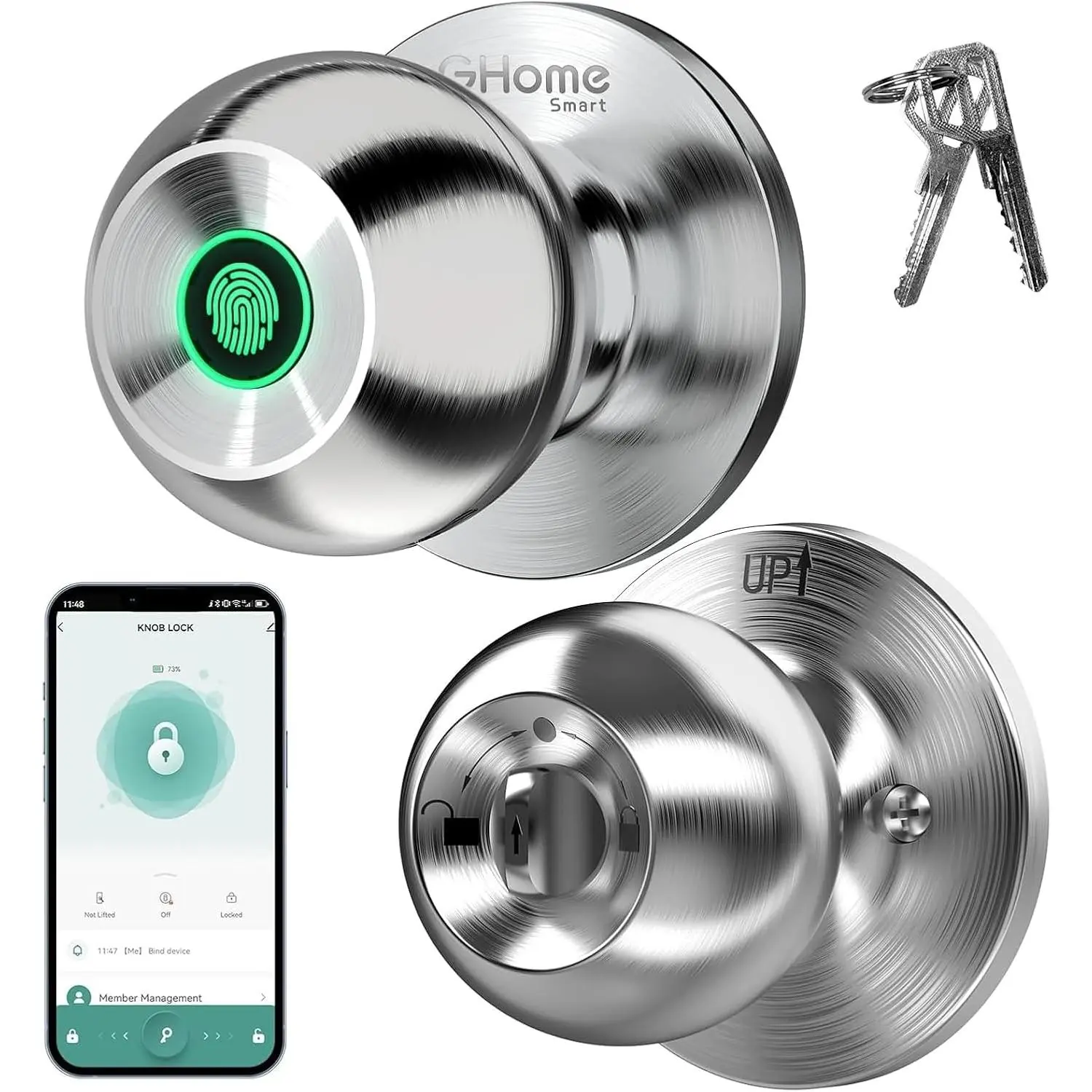 Smart Fingerprint Door Lock, 3 in 1 Smart Fingerprint Door Knob with App Control & Key, Auto Lock, Biometric Door Knobs with Lock for Bedroom, Garage, Home & Office