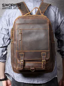 S.WORKER Vintage Genuine Leather Backpack 14" Laptop Bag Casual Crazy-horse Leather School Bag Outdoor Travel Weekender Bag