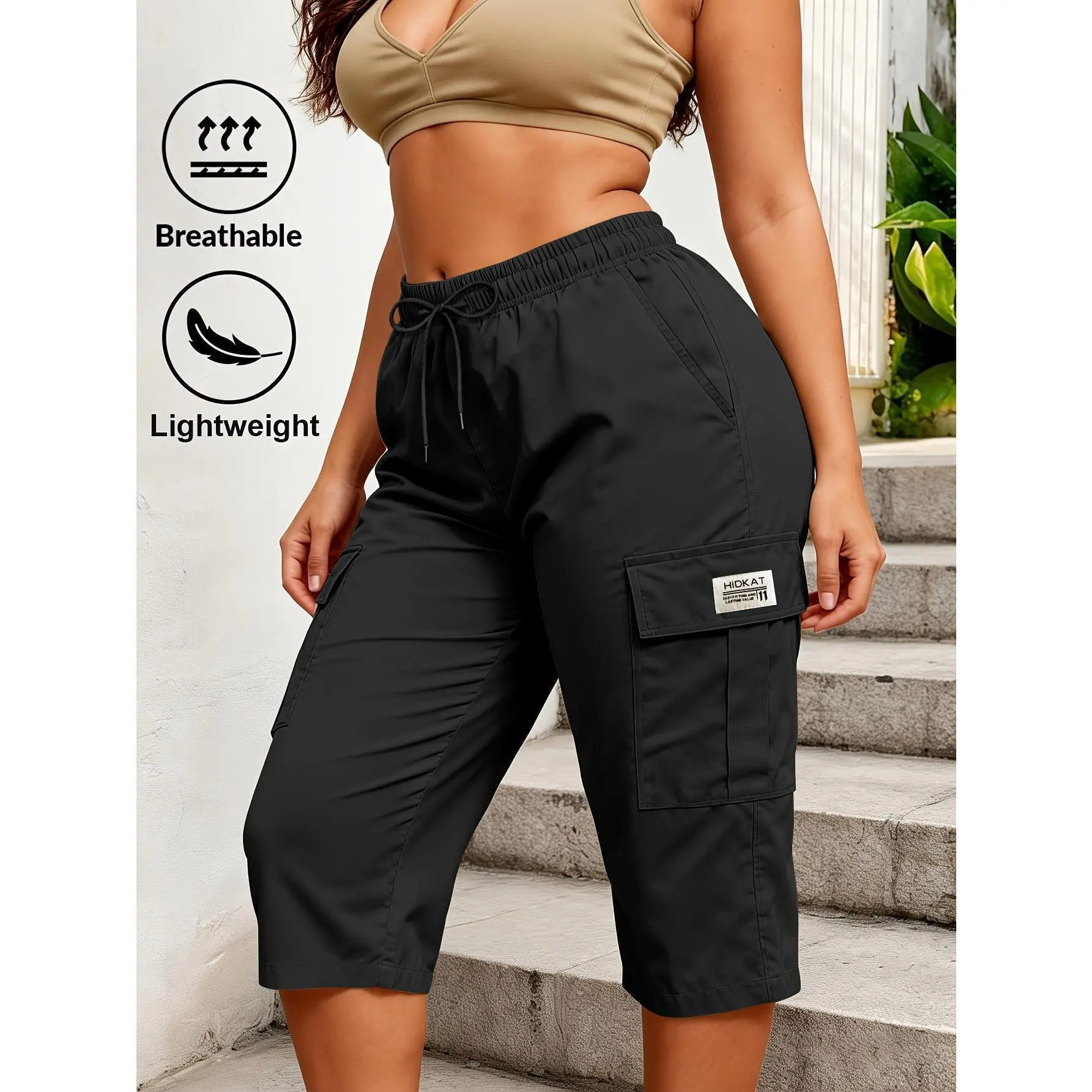 Women's Solid Sporty Joggers Cargo Capri Pants - Elastic Drawstring Waist, Flap Pocket Design - Versatile Casual Bottoms for Daily Outfits, Outdoor Street Style