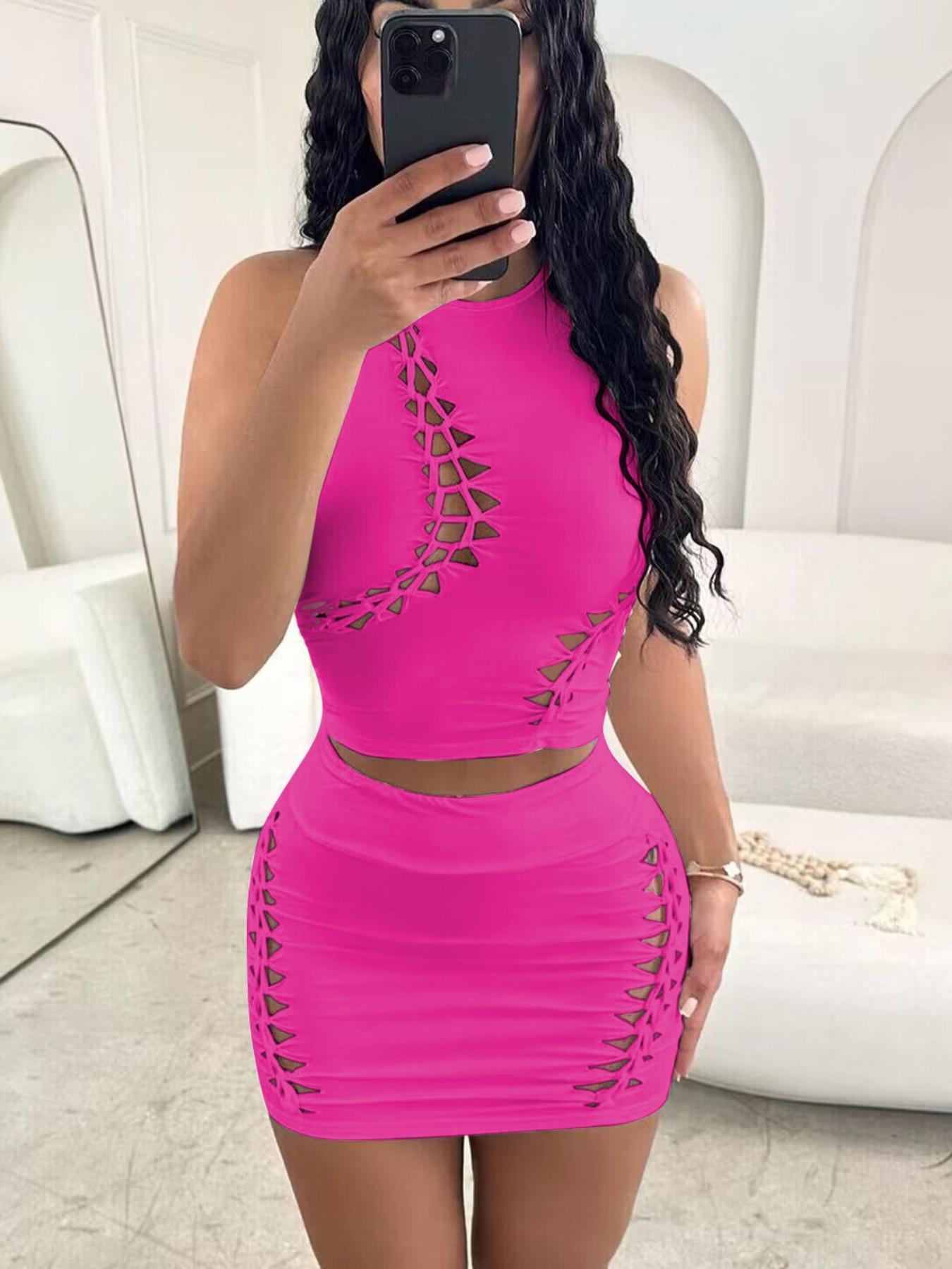 Women's Solid Hollow Out Crop Tank Top & High Waist Bodycon Skirt Set, Casual Fashion Cozy Round Neck Top & Skirt for Daily Outdoor Wear, Women's Clothing for Summer