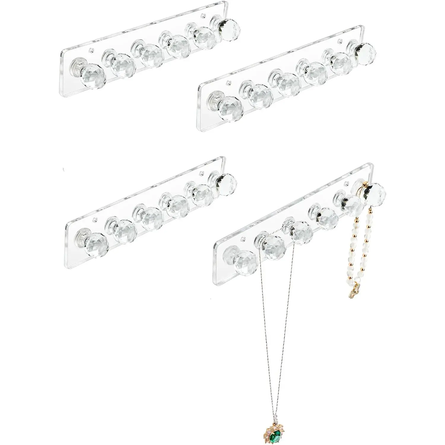 Necklace Hanger, Wall Necklace Holder,   Organizer | Wall Mount  Hooks for Necklaces, Bracelets & Chains,  Organizer and Storage, 4-Pack Clear Short
