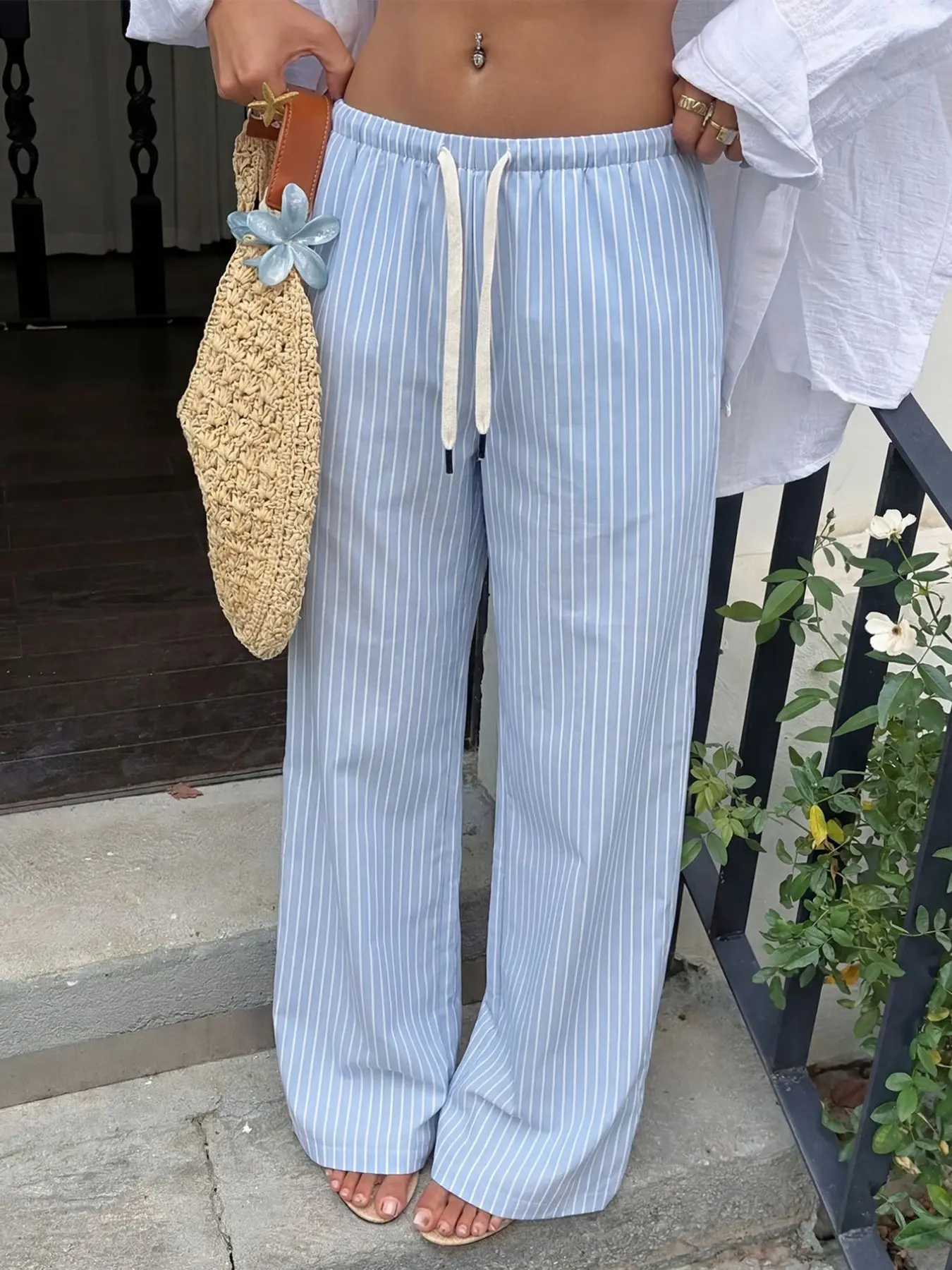 Summer Striped Drawstring Wide-Leg Pants for Women, Elastic Waist, Lightweight Breathable, Casual Loose-Fitting Long Pants