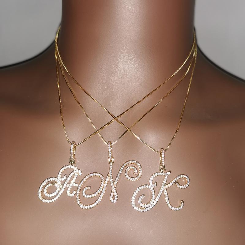 Grandbling Cursive 26 Initial Letter Pendant Necklace  High Quality 5A Cubic Zirconia CZ Alphabet Name Jewelry New Necklace Gift New Year Accessories