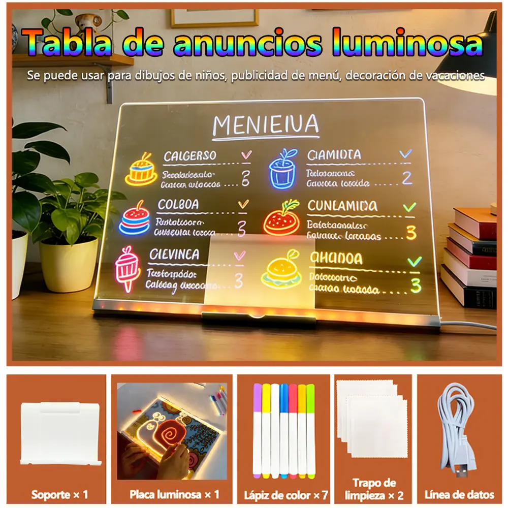 30x20cm Erasable Transparent Acrylic Luminous Drawing Board, Double-Sided Signboard for Office Decoration, DIY Gifts & Handwriting Practice