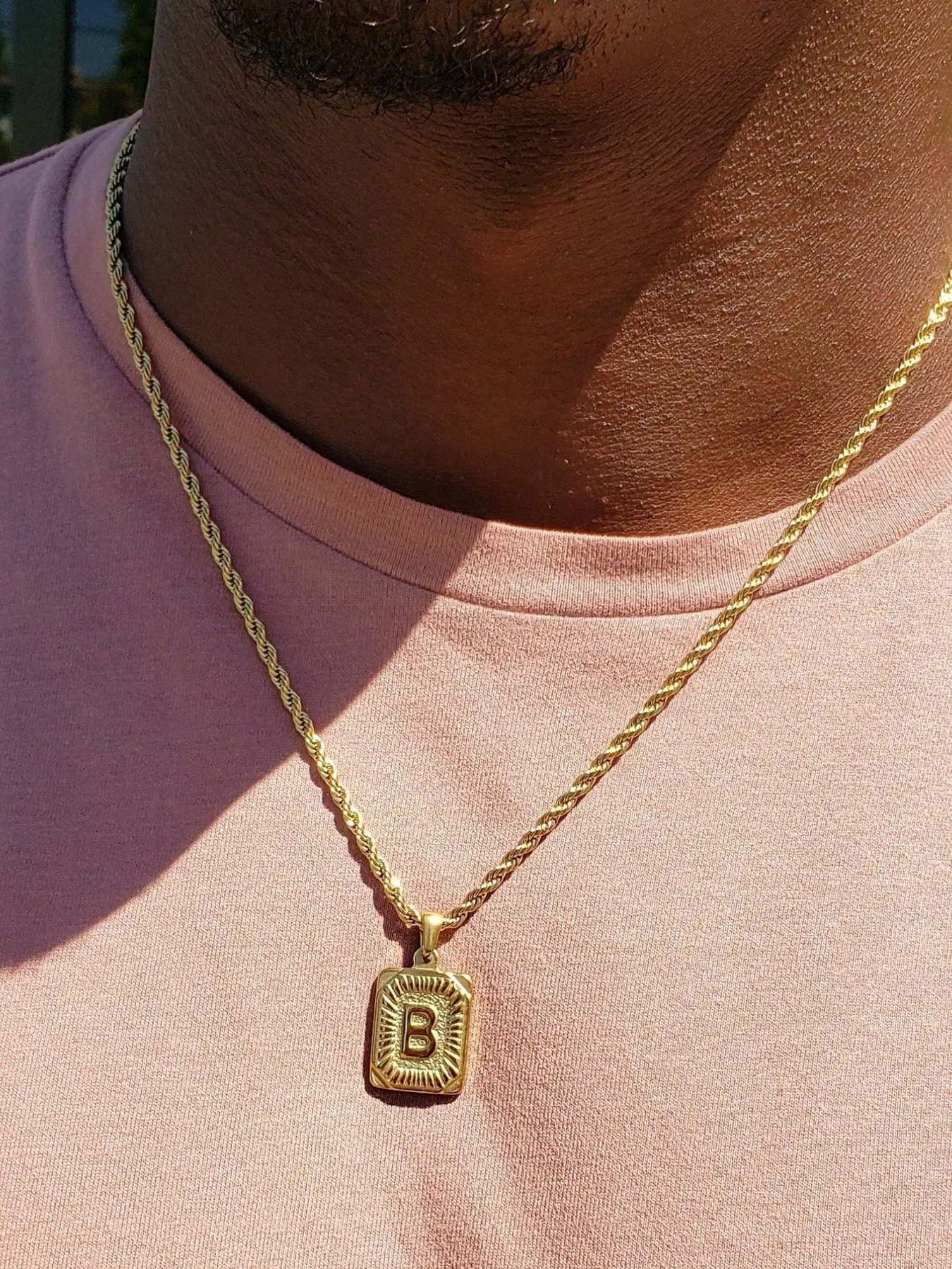 Men's Stainless Steel Necklace with Square Pendant and Initial Letter, Personalized A-Z Design, Rope Chain Jewelry, Fashion Accessory
