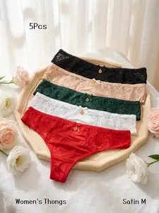 5-Pack Women's Thong Underwear, Multi-Color Satin Lingerie, Sexy Slim-Fit Plain Design, All-Season Comfortable Innerwear