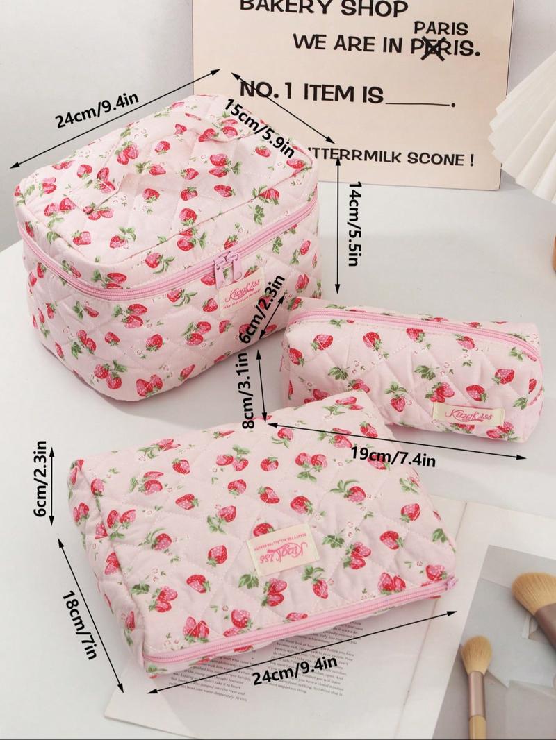 Strawberry Pattern Makeup Bag Set, Large Capacity Fluffy Makeup Bag & Toiletries Bag & Makeup Brush Bag, Portable Cosmetic Storage Bag, Makeup Organizer Pouch