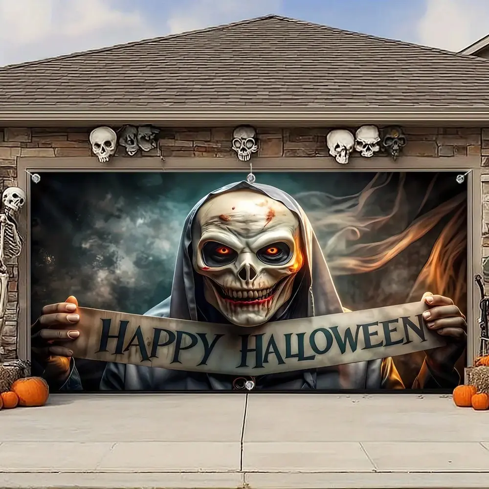 2D Halloween Banner, Horror Skull Background Cloth, Spooky, Essential for Haunted House Parties, Trick-Or-Treat Decor, Festive Atmosphere, Backdrop Banner