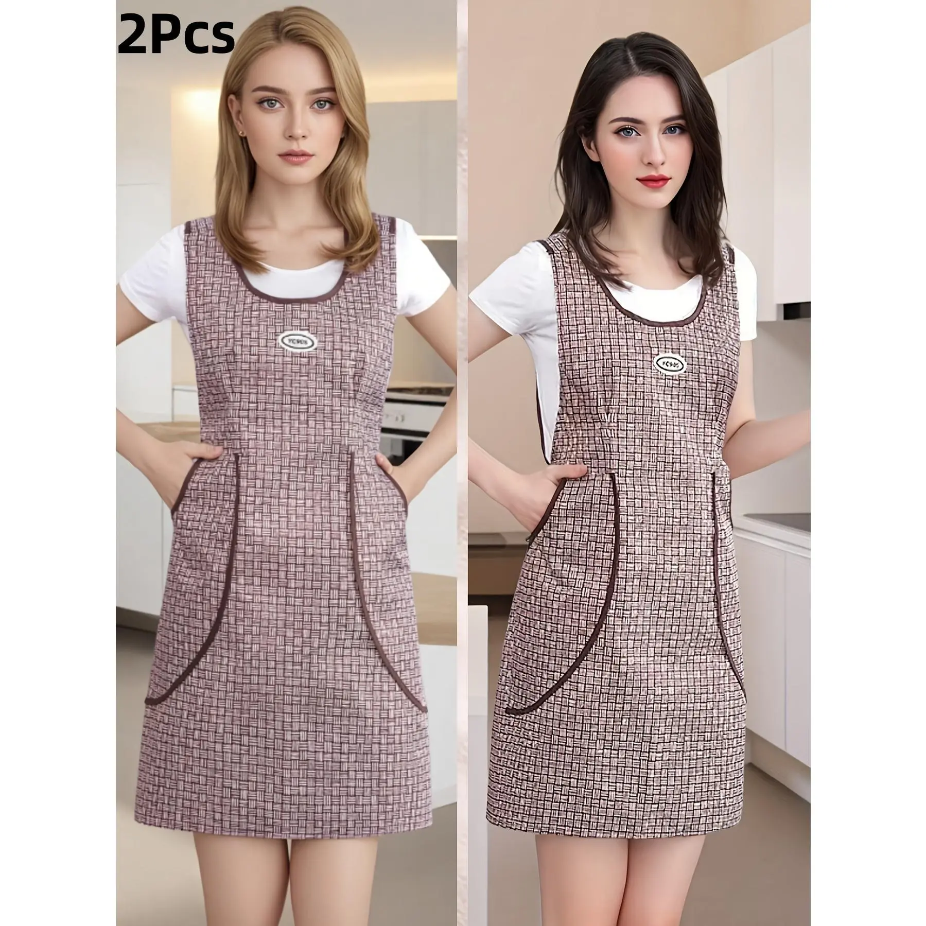 A Stylish Two-Piece Elegant Women'S Outfit Featuring a Fashionable Plaid Apron with Wide Elastic Shoulder Straps, Deep Side Pockets, And Durable Fabric. Suitable for Home Kitchens, Hotels, Flower Shops, Gardening, Cafes, Milk Tea Shops, Baking