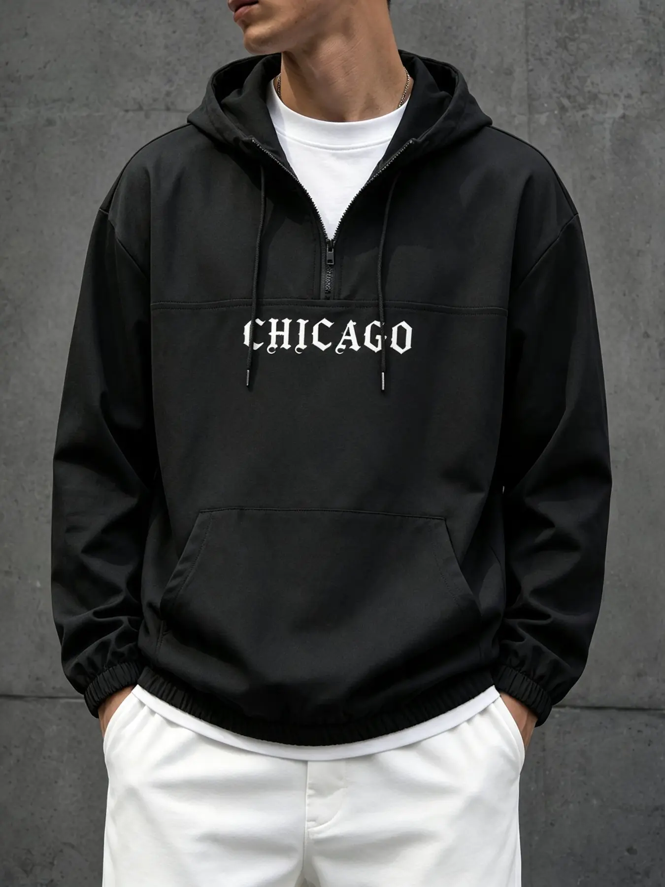 Men's Chicago Letter Print Half-Zip Hoodie, Kangaroo Pocket Design, Casual Streetwear Top, Comfortable Pullover for Daily Wear