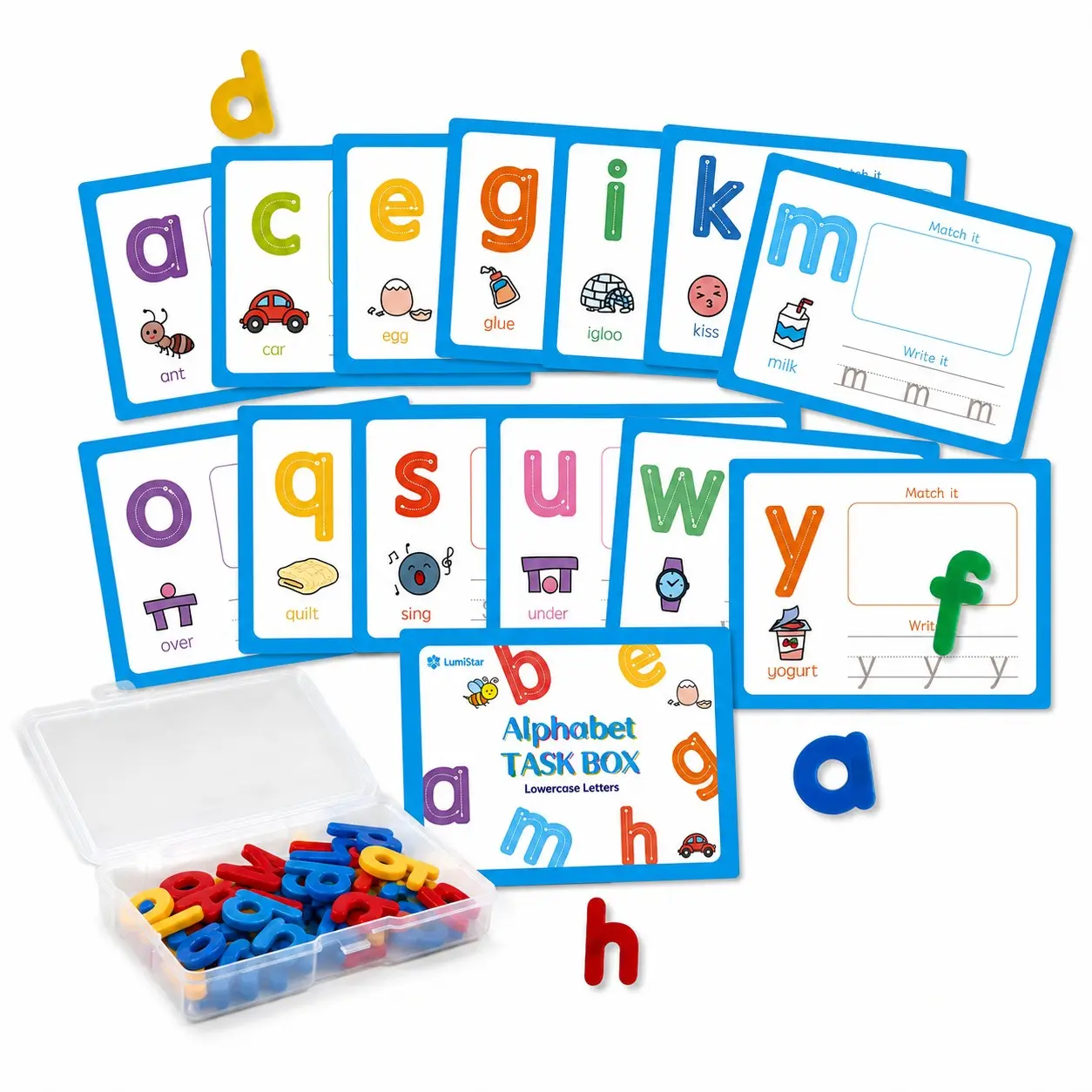 Lowercase Letters Task Boxes with ABC Tracing and Writing Cards, Plastic Magnetic Letters, Storage Box, Classroom Literacy Educational Kit