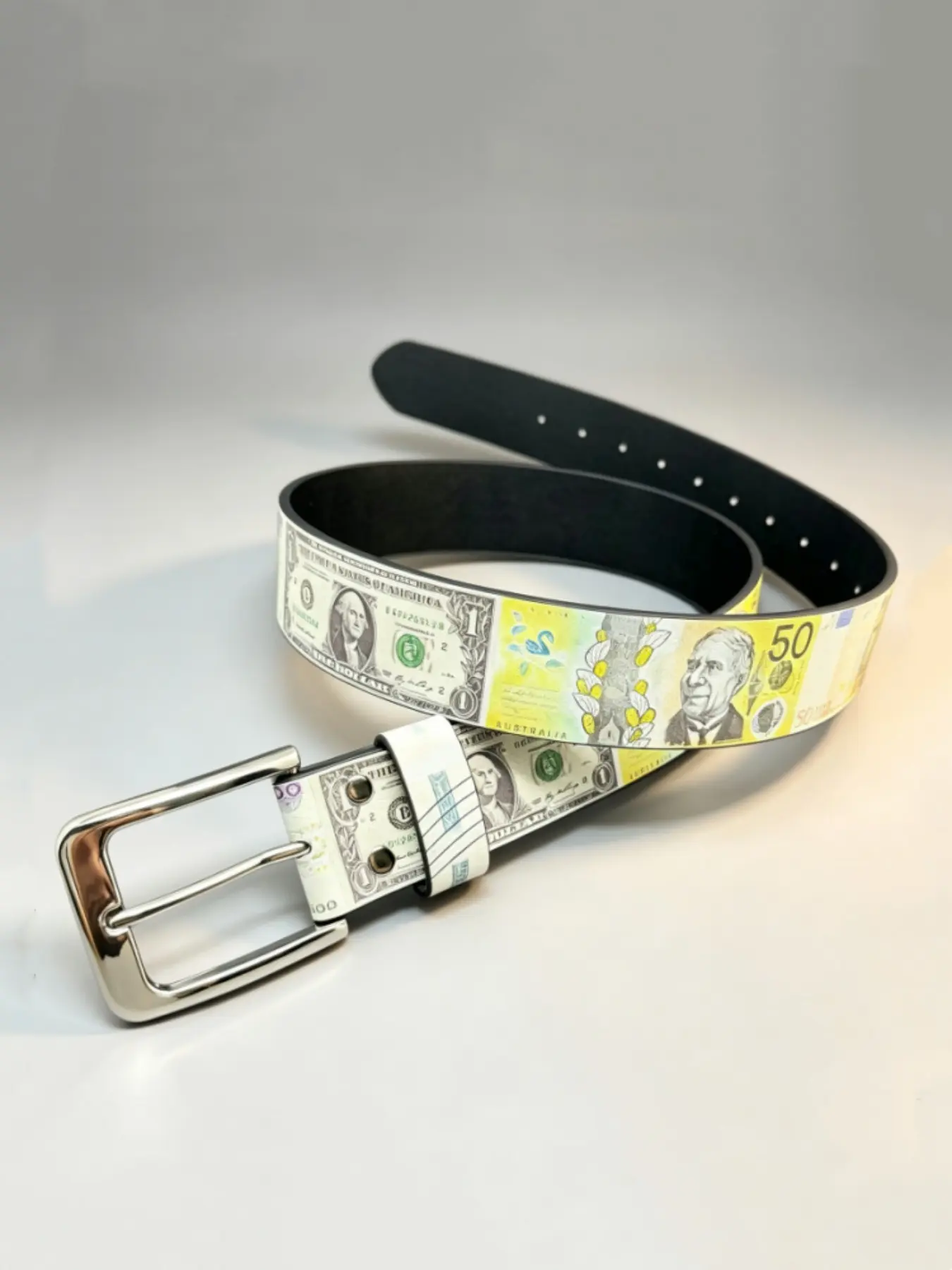 Y2K Streetwear Money Print Waist Belt Unisex Statement Belt Retro US Dollar Euro Bank Note Pattern PU Leather Adjustable Pin Buckle Belt for Men Women Pants Jeans